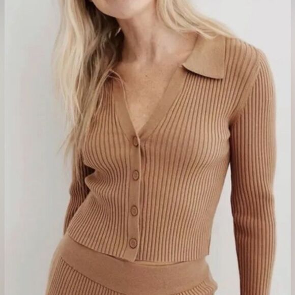 aerie Sweaters - Aerie gotta jet ribbed knit polo sweater tan